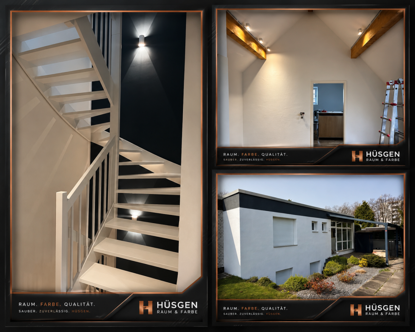 Moderne Treppe mit Wandbeleuchtung und Außenansicht eines Hauses mit begrüntem Vorgarten.